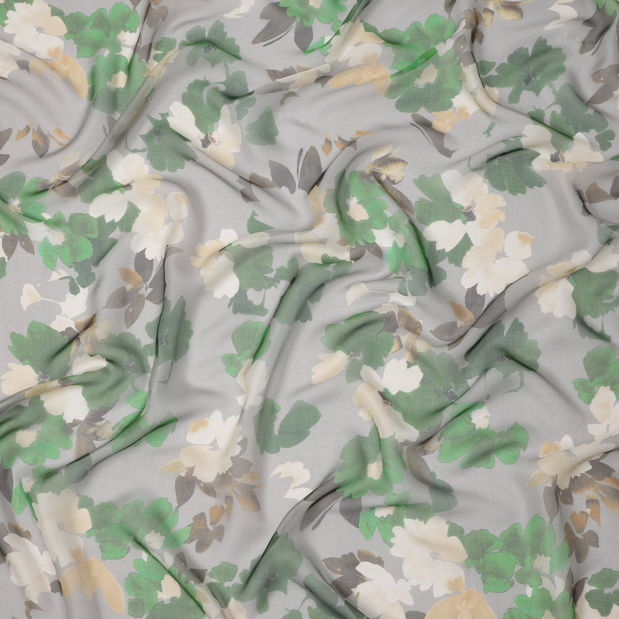 Soft Grey Base Green and Ivory Oversized Floral Printed Pure Silk Chiffon Fabric, 110 Cms Width, Made in South Korea-D23994