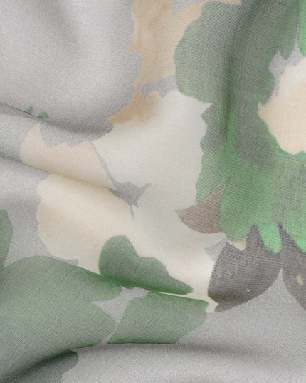 Soft Grey Base Green and Ivory Oversized Floral Printed Pure Silk Chiffon Fabric, 110 Cms Width, Made in South Korea-D23994
