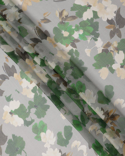 Soft Grey Base Green and Ivory Oversized Floral Printed Pure Silk Chiffon Fabric, 110 Cms Width, Made in South Korea-D23994