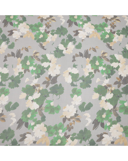 Soft Grey Base Green and Ivory Oversized Floral Printed Pure Silk Chiffon Fabric, 110 Cms Width, Made in South Korea-D23994