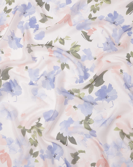 White Base Lilac Blue and Soft Pink Watercolor Floral Printed Pure Silk Chiffon Fabric, 110 Cms Width, Made in South Korea-D23995
