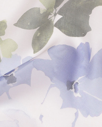 White Base Lilac Blue and Soft Pink Watercolor Floral Printed Pure Silk Chiffon Fabric, 110 Cms Width, Made in South Korea-D23995