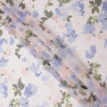 White Base Lilac Blue and Soft Pink Watercolor Floral Printed Pure Silk Chiffon Fabric, 110 Cms Width, Made in South Korea-D23995