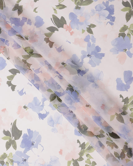 White Base Lilac Blue and Soft Pink Watercolor Floral Printed Pure Silk Chiffon Fabric, 110 Cms Width, Made in South Korea-D23995