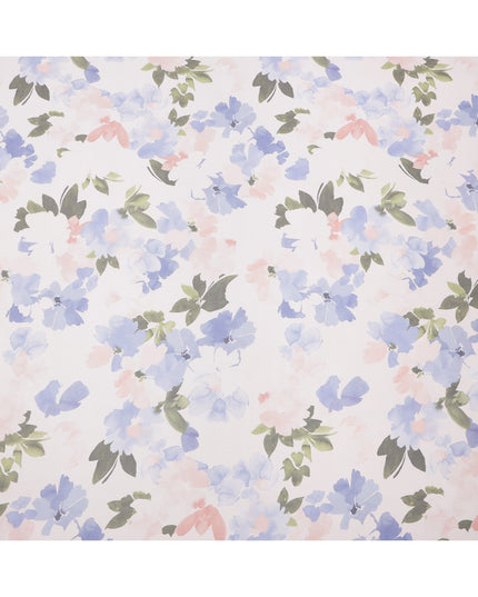 White Base Lilac Blue and Soft Pink Watercolor Floral Printed Pure Silk Chiffon Fabric, 110 Cms Width, Made in South Korea-D23995