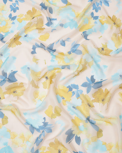 Beige Base Yellow and Blue Watercolor Floral Printed Pure Silk Chiffon Fabric, 110 Cms Width, Made in South Korea-D23996