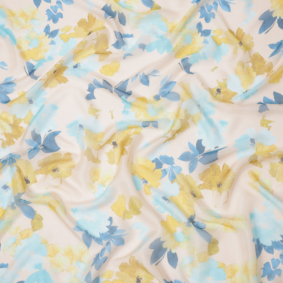 Beige Base Yellow and Blue Watercolor Floral Printed Pure Silk Chiffon Fabric, 110 Cms Width, Made in South Korea-D23996