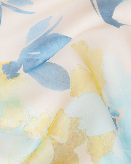 Beige Base Yellow and Blue Watercolor Floral Printed Pure Silk Chiffon Fabric, 110 Cms Width, Made in South Korea-D23996