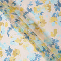 Beige Base Yellow and Blue Watercolor Floral Printed Pure Silk Chiffon Fabric, 110 Cms Width, Made in South Korea-D23996