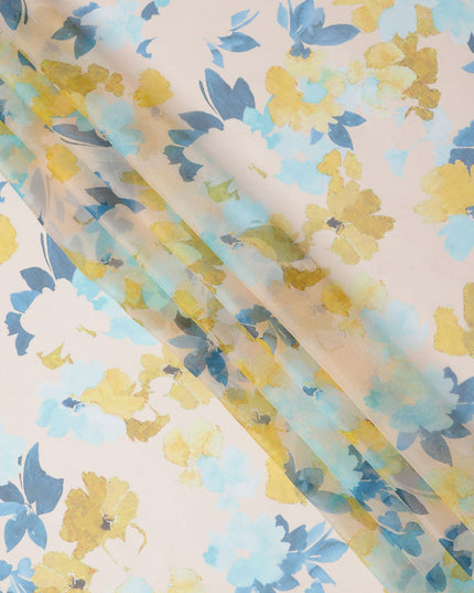 Beige Base Yellow and Blue Watercolor Floral Printed Pure Silk Chiffon Fabric, 110 Cms Width, Made in South Korea-D23996