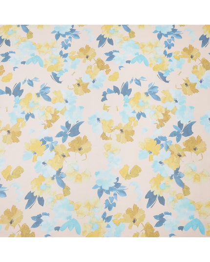 Beige Base Yellow and Blue Watercolor Floral Printed Pure Silk Chiffon Fabric, 110 Cms Width, Made in South Korea-D23996