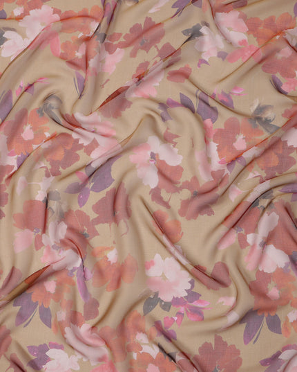 Brown Base Red and Pink Watercolor Floral Printed Pure Silk Chiffon Fabric, 110 Cms Width, Made in South Korea-D23997