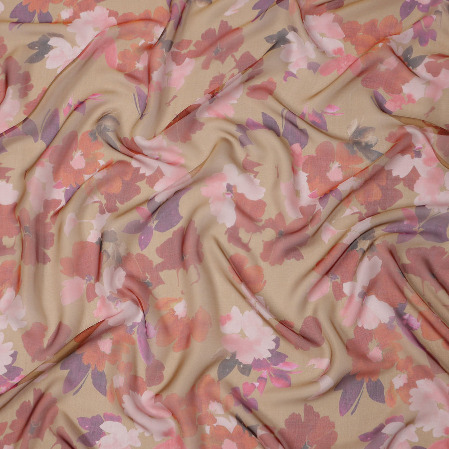 Brown Base Red and Pink Watercolor Floral Printed Pure Silk Chiffon Fabric, 110 Cms Width, Made in South Korea-D23997
