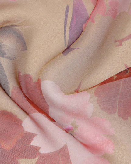 Brown Base Red and Pink Watercolor Floral Printed Pure Silk Chiffon Fabric, 110 Cms Width, Made in South Korea-D23997