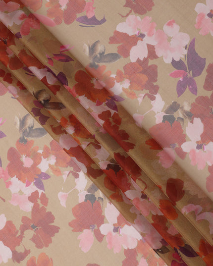 Brown Base Red and Pink Watercolor Floral Printed Pure Silk Chiffon Fabric, 110 Cms Width, Made in South Korea-D23997