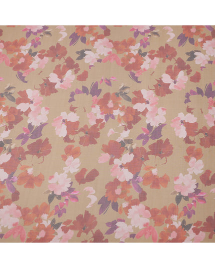 Brown Base Red and Pink Watercolor Floral Printed Pure Silk Chiffon Fabric, 110 Cms Width, Made in South Korea-D23997