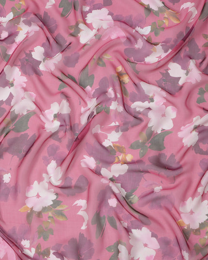 Pink Base Mauve and White Watercolor Floral Printed Pure Silk Chiffon Fabric, 110 Cms Width, Made in South Korea-D23998