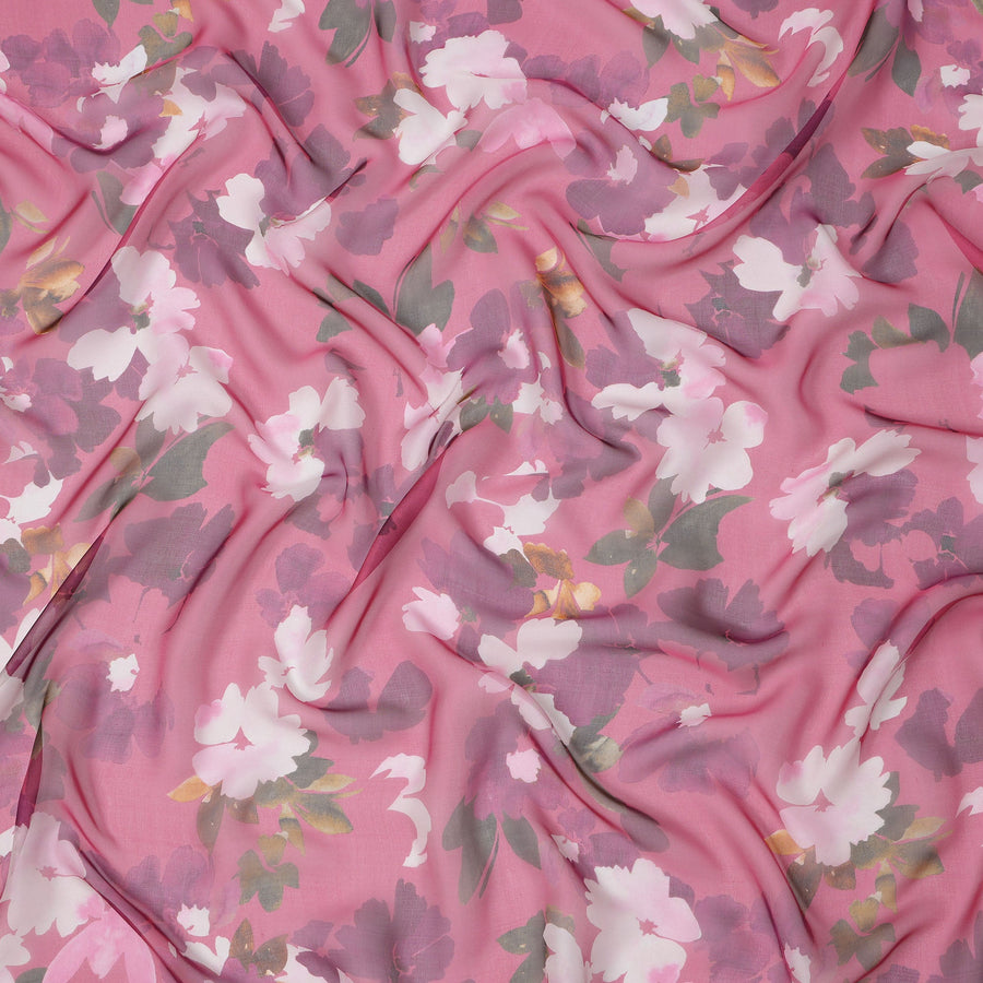 Pink Base Mauve and White Watercolor Floral Printed Pure Silk Chiffon Fabric, 110 Cms Width, Made in South Korea-D23998