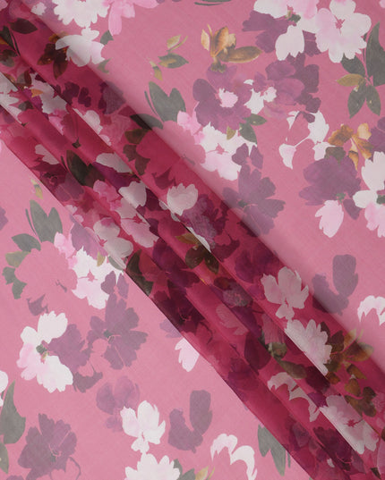 Pink Base Mauve and White Watercolor Floral Printed Pure Silk Chiffon Fabric, 110 Cms Width, Made in South Korea-D23998