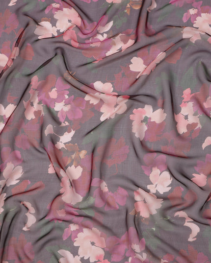 Charcoal Grey Base Pink and Mauve Watercolor Floral Printed Pure Silk Chiffon Fabric, 110 Cms Width, Made in South Korea-D23999