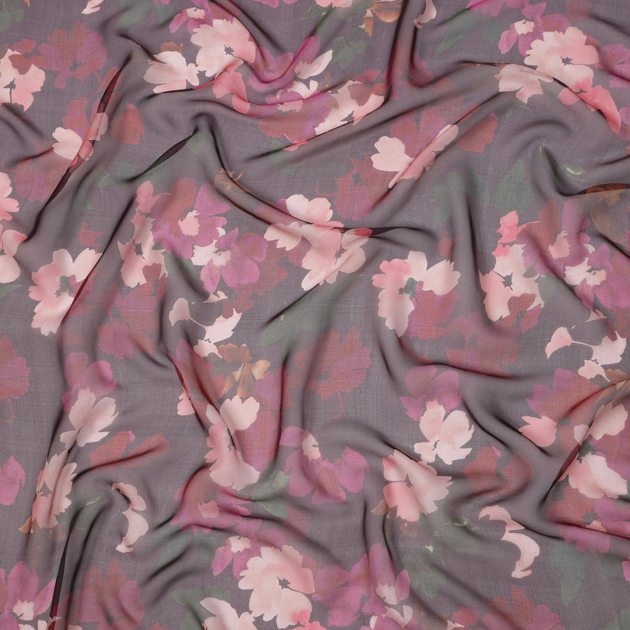 Charcoal Grey Base Pink and Mauve Watercolor Floral Printed Pure Silk Chiffon Fabric, 110 Cms Width, Made in South Korea-D23999