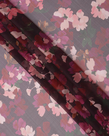 Charcoal Grey Base Pink and Mauve Watercolor Floral Printed Pure Silk Chiffon Fabric, 110 Cms Width, Made in South Korea-D23999