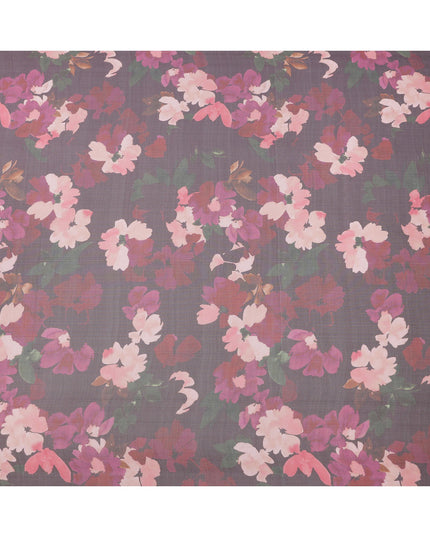 Charcoal Grey Base Pink and Mauve Watercolor Floral Printed Pure Silk Chiffon Fabric, 110 Cms Width, Made in South Korea-D23999