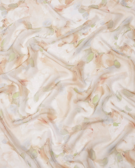 Ivory Base Beige and Green Soft Watercolor Floral Printed Pure Silk Chiffon Fabric, 110 Cms Width, Made in South Korea-D24000