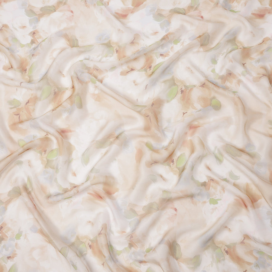 Ivory Base Beige and Green Soft Watercolor Floral Printed Pure Silk Chiffon Fabric, 110 Cms Width, Made in South Korea-D24000