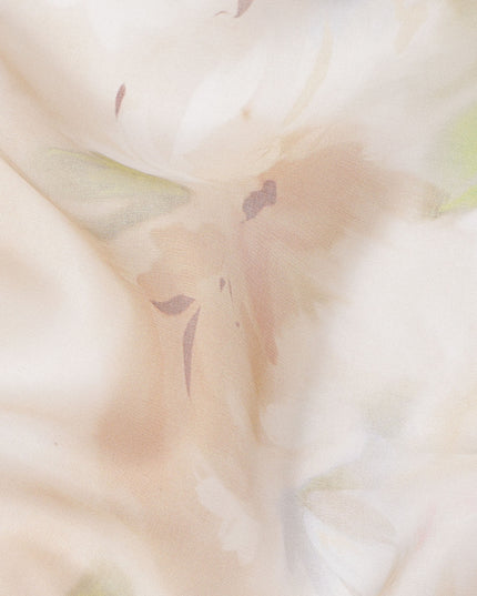 Ivory Base Beige and Green Soft Watercolor Floral Printed Pure Silk Chiffon Fabric, 110 Cms Width, Made in South Korea-D24000