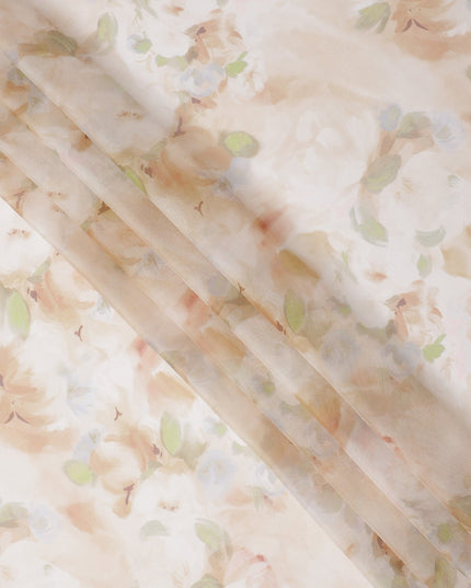 Ivory Base Beige and Green Soft Watercolor Floral Printed Pure Silk Chiffon Fabric, 110 Cms Width, Made in South Korea-D24000