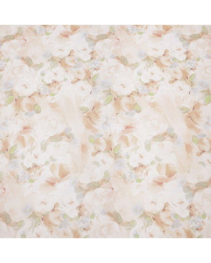 Ivory Base Beige and Green Soft Watercolor Floral Printed Pure Silk Chiffon Fabric, 110 Cms Width, Made in South Korea-D24000