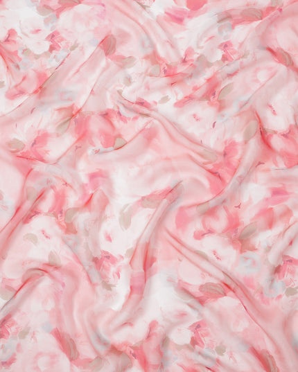 White Base Coral Pink and Blush Watercolor Floral Printed Pure Silk Chiffon Fabric, 110 Cms Width, Made in South Korea-D24001 - Regal Fabrics