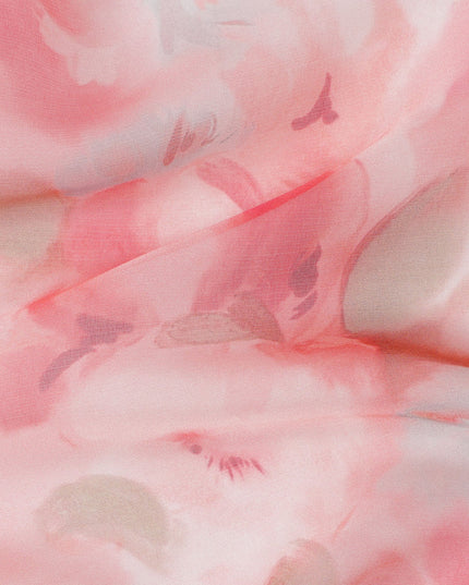 White Base Coral Pink and Blush Watercolor Floral Printed Pure Silk Chiffon Fabric, 110 Cms Width, Made in South Korea-D24001 - Regal Fabrics