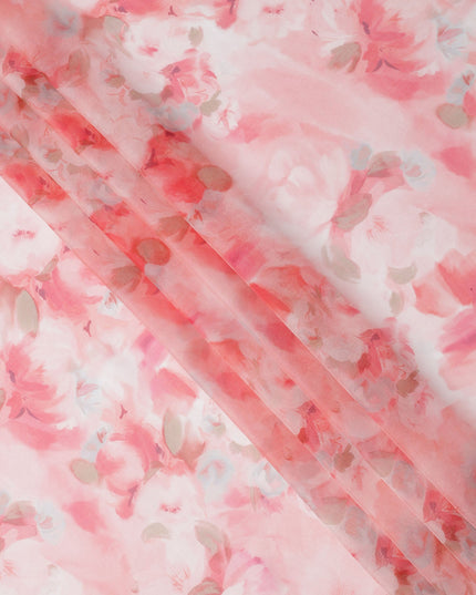 White Base Coral Pink and Blush Watercolor Floral Printed Pure Silk Chiffon Fabric, 110 Cms Width, Made in South Korea-D24001 - Regal Fabrics