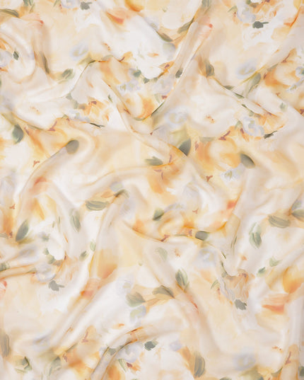 White Base Yellow Ochre and Soft Green Watercolor Floral Printed Pure Silk Chiffon Fabric, 110 Cms Width, Made in South Korea-D24002