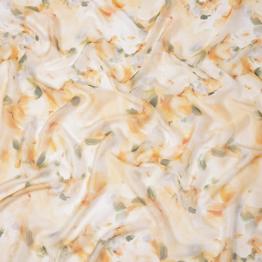 White Base Yellow Ochre and Soft Green Watercolor Floral Printed Pure Silk Chiffon Fabric, 110 Cms Width, Made in South Korea-D24002
