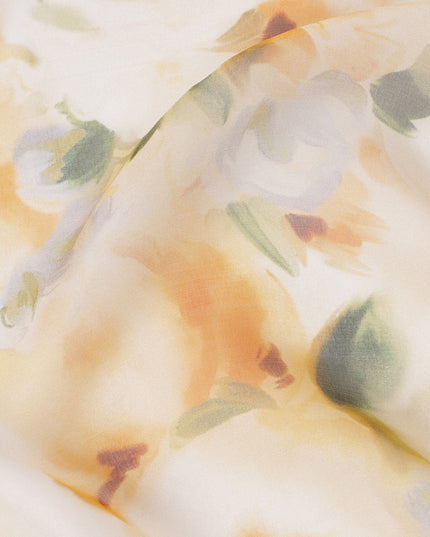 White Base Yellow Ochre and Soft Green Watercolor Floral Printed Pure Silk Chiffon Fabric, 110 Cms Width, Made in South Korea-D24002