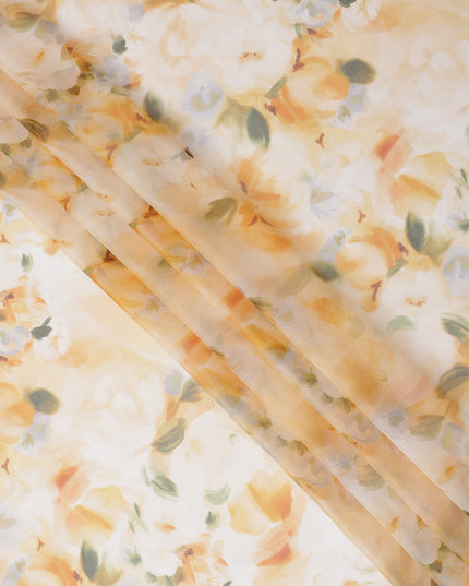 White Base Yellow Ochre and Soft Green Watercolor Floral Printed Pure Silk Chiffon Fabric, 110 Cms Width, Made in South Korea-D24002