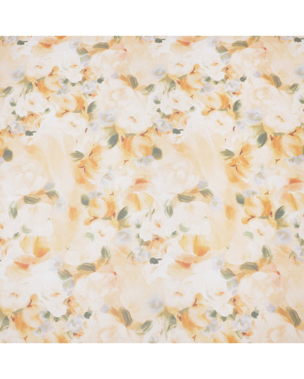 White Base Yellow Ochre and Soft Green Watercolor Floral Printed Pure Silk Chiffon Fabric, 110 Cms Width, Made in South Korea-D24002