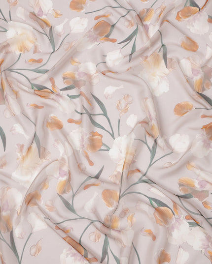 Dusty Lilac Base Peach and Ivory Floral Vine Printed Pure Silk Chiffon Fabric, 110 Cms Width, Made in South Korea-D24003