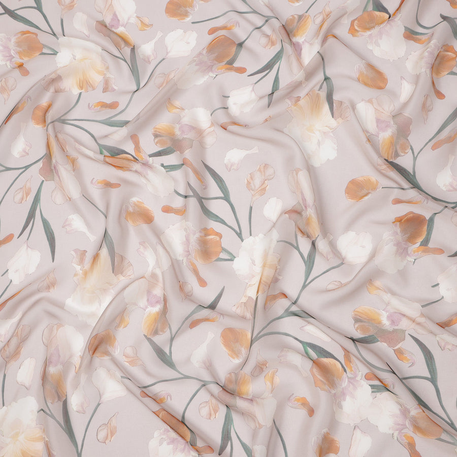 Dusty Lilac Base Peach and Ivory Floral Vine Printed Pure Silk Chiffon Fabric, 110 Cms Width, Made in South Korea-D24003