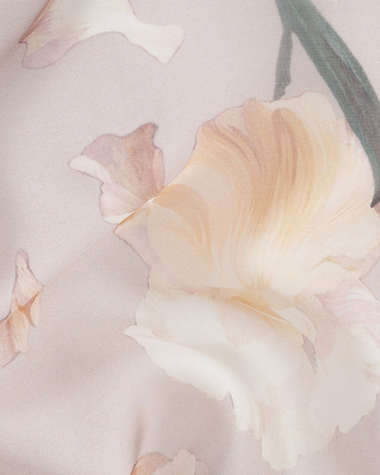 Dusty Lilac Base Peach and Ivory Floral Vine Printed Pure Silk Chiffon Fabric, 110 Cms Width, Made in South Korea-D24003