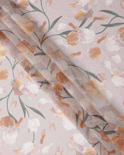 Dusty Lilac Base Peach and Ivory Floral Vine Printed Pure Silk Chiffon Fabric, 110 Cms Width, Made in South Korea-D24003