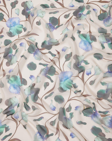 Ivory Base Blue-Green and Teal Artistic Floral Printed Pure Silk Chiffon Fabric, 110 Cms Width, Made in South Korea-D24004