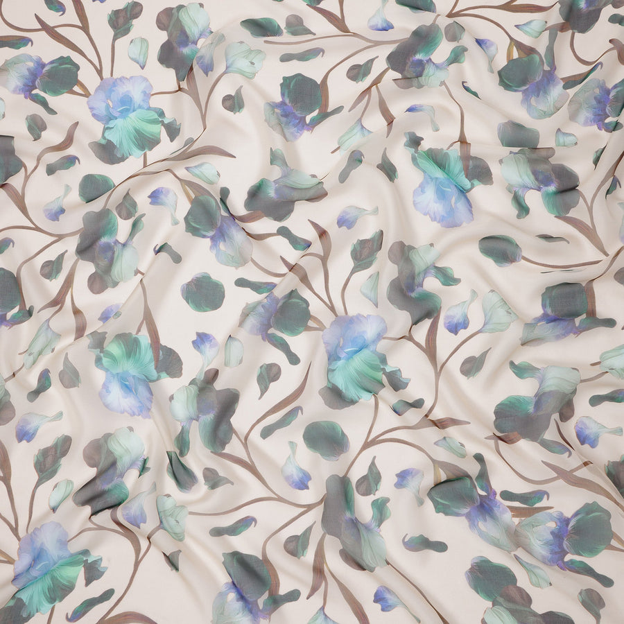 Ivory Base Blue-Green and Teal Artistic Floral Printed Pure Silk Chiffon Fabric, 110 Cms Width, Made in South Korea-D24004