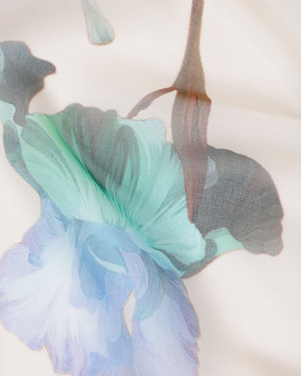 Ivory Base Blue-Green and Teal Artistic Floral Printed Pure Silk Chiffon Fabric, 110 Cms Width, Made in South Korea-D24004