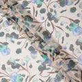 Ivory Base Blue-Green and Teal Artistic Floral Printed Pure Silk Chiffon Fabric, 110 Cms Width, Made in South Korea-D24004