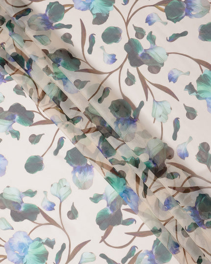 Ivory Base Blue-Green and Teal Artistic Floral Printed Pure Silk Chiffon Fabric, 110 Cms Width, Made in South Korea-D24004