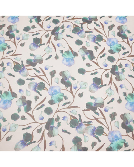 Ivory Base Blue-Green and Teal Artistic Floral Printed Pure Silk Chiffon Fabric, 110 Cms Width, Made in South Korea-D24004